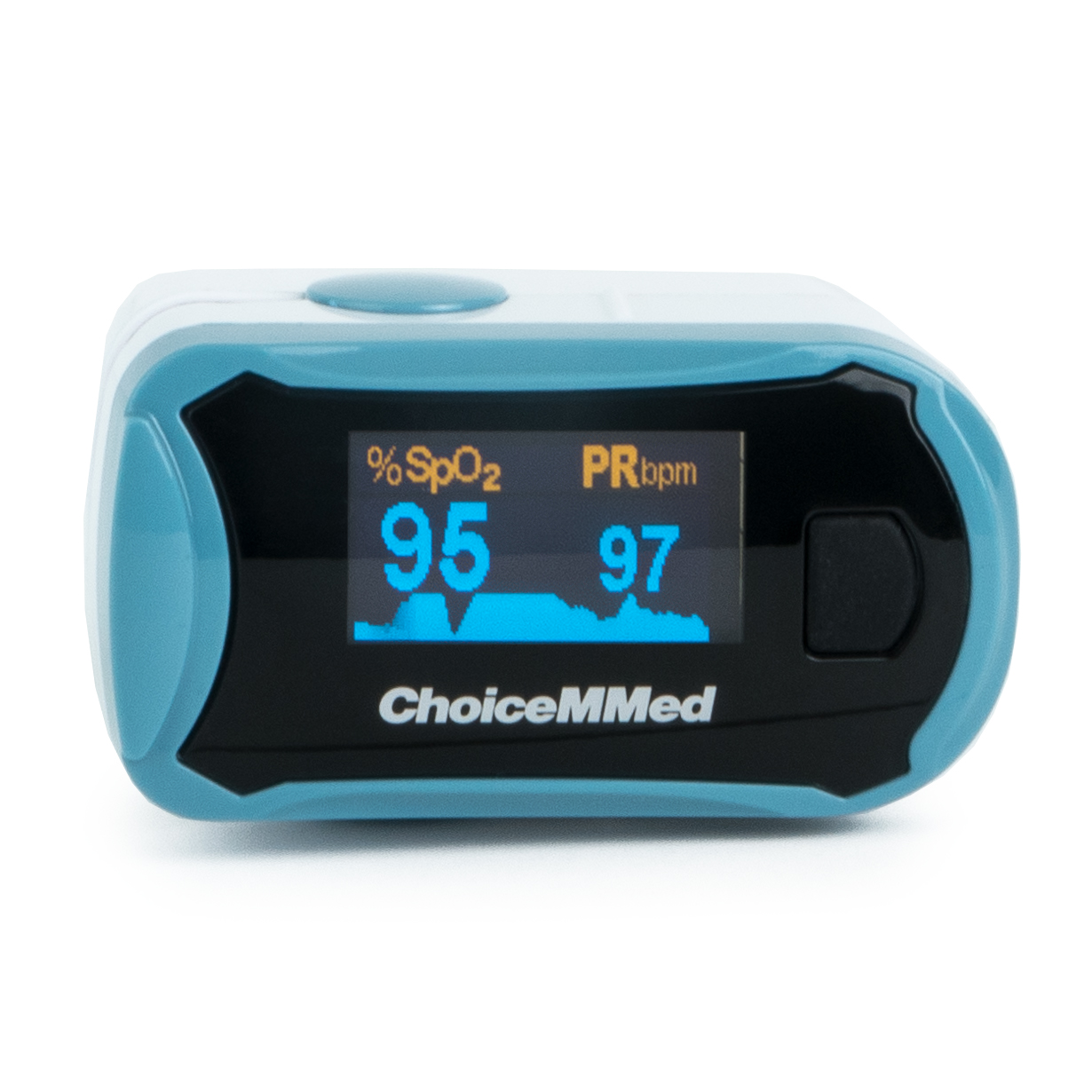 The screen of a blue and white pulse oximeter showing heart rate.