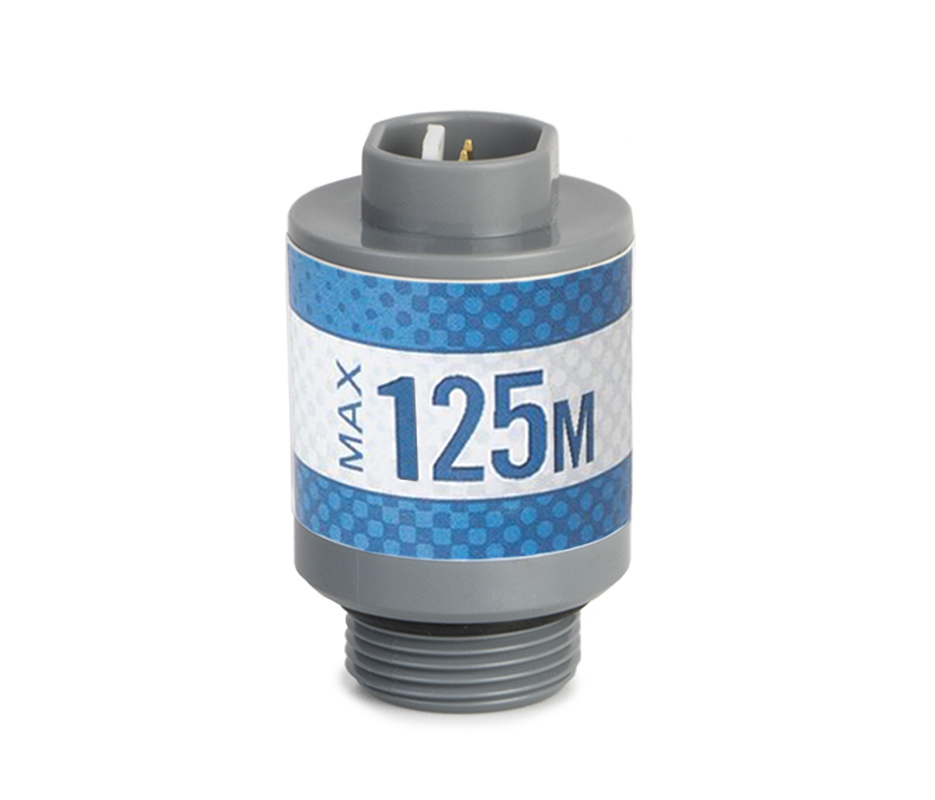 Gray fio2 sensor with blue and white label with Max-125M printed on it