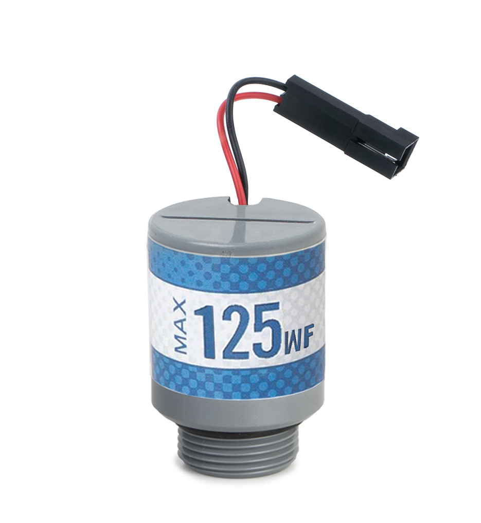 Blue and gray Max-125WF oxygen sensor with red and black cable with connector at the end.