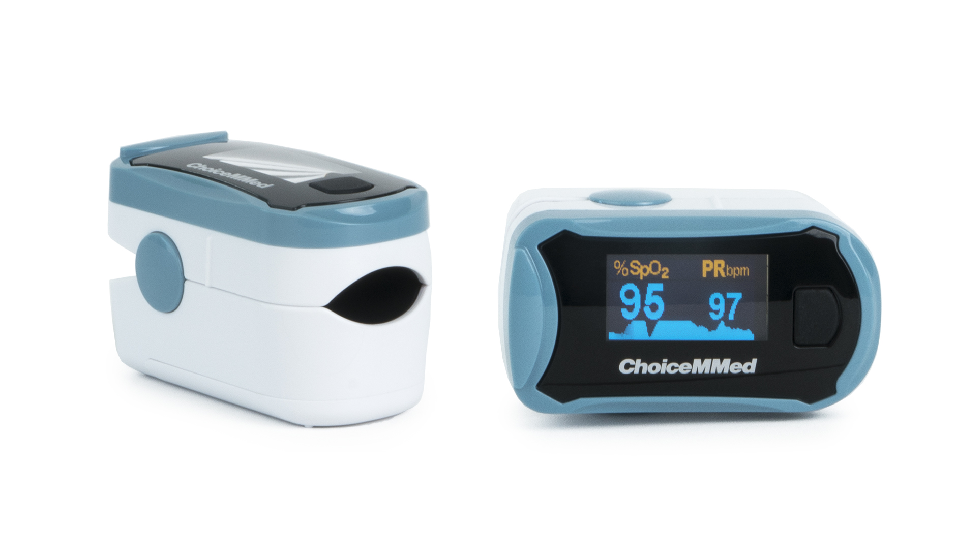 Two blue and white MD300C29 pulse oximeters next to each other on a white background. The one on the left is at an angle to show the length and body, and the one on the right is laying on its side to show the screen with a heart rate.